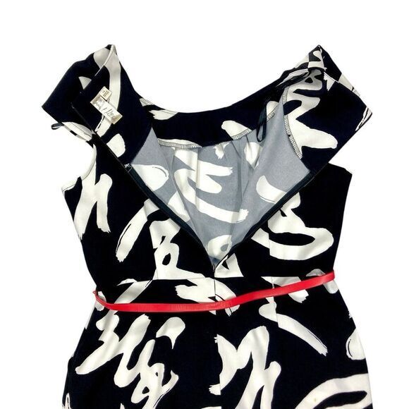 Emma & Michele Midi Dress Women 14 Black White Printed Belted 70s Classy Elegant - Picture 6 of 16